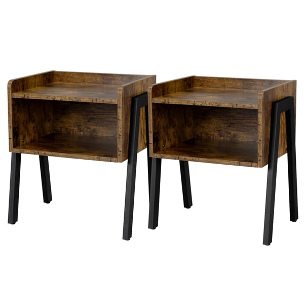 Slim bedside tables rustic industrial set of two finished in medium oak